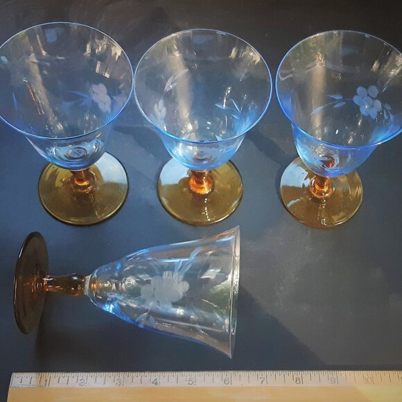 VTG Antique Thin Elegant Glass Azure Blue Goblet Amber Stem Set of 4 Etched Rare - Picture 10 of 14